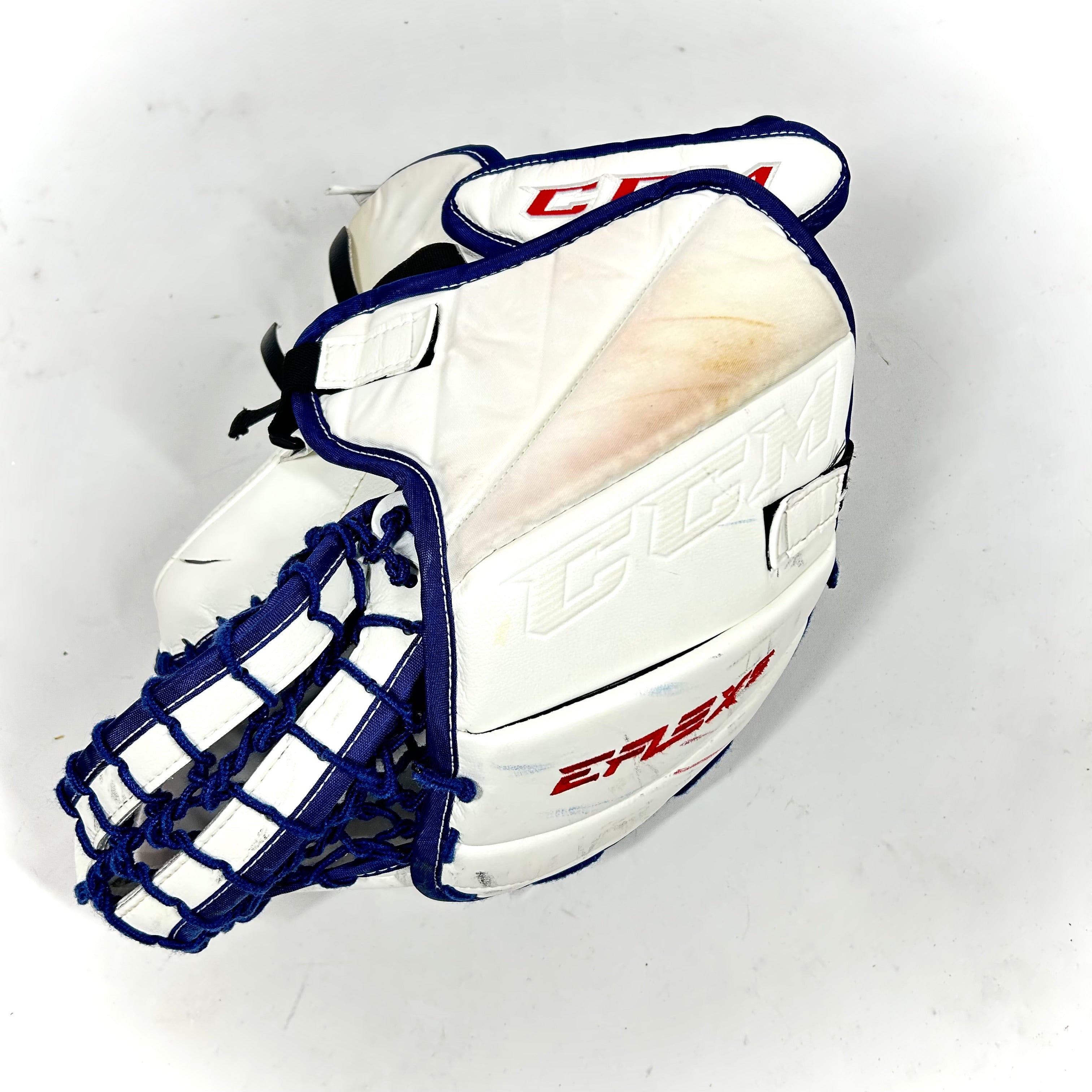 CCM Extreme Flex 5 - Gant de gardien de but Pro Stock d'occasion (blanc/bleu/rouge)